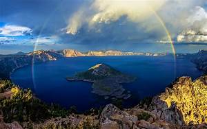 Crater, Lake, Rainbows, Island, Lake, Forest, Mountain