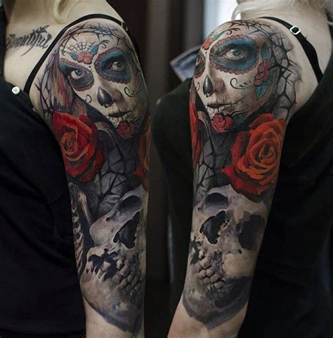 I love the expression of the face and the beautiful hands. Day of the Dead Rose & Skull Arm Piece | Best tattoo ...