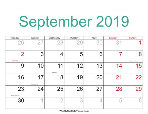 September 2019 Calendar Printable With Holidays Whatisthedatetodaycom