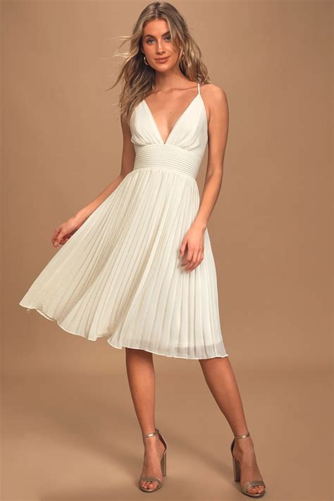 Stunning Cream Dress Pleated Dress Pleated Midi Dress Lulus