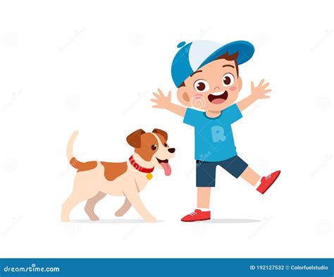 Niño Pequeño Y Lindo Feliz Jugando Con Perro Mascota Ilustración del Vector Ilustración de