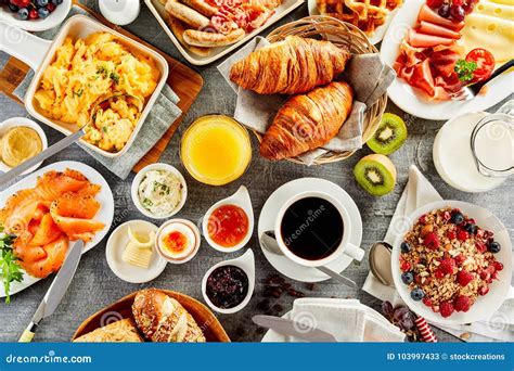 Large Selection Of Breakfast Food On A Table Stock Image Image Of