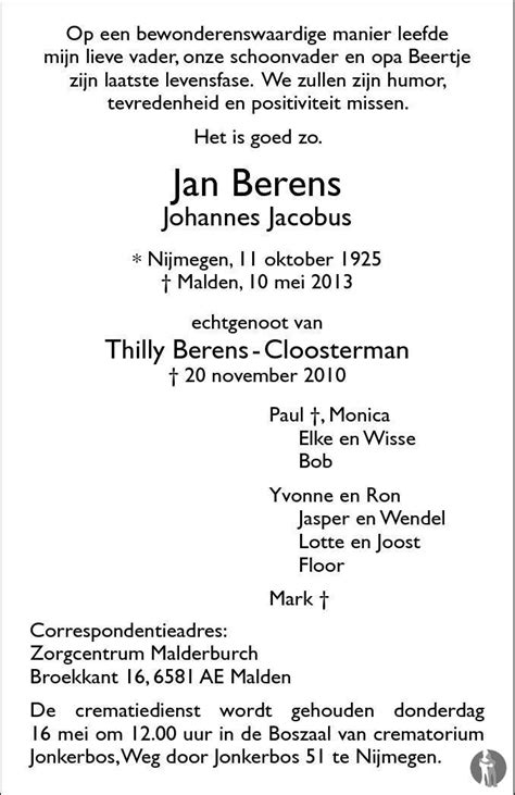 Johannes Jacobus Jan Berens Overlijdensbericht En