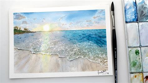 Watercolor Seascape Sea Beach With Sunset Painting Easy Youtube