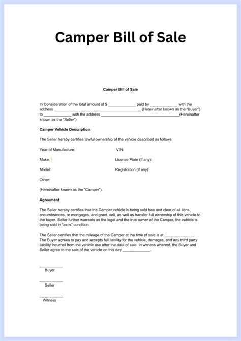 Sample Printable Camper Bill Of Sale Form Free Forms Template 2023