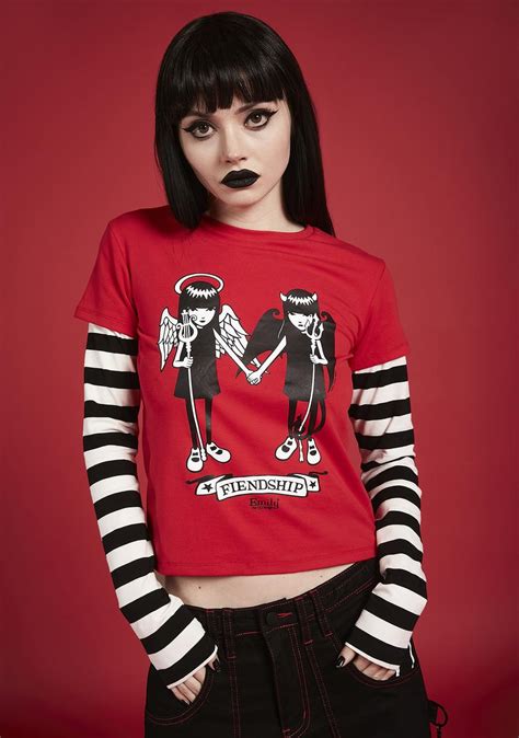 Dolls Kill X Emily The Strange Fiendship Striped Layered Graphic Tee Red