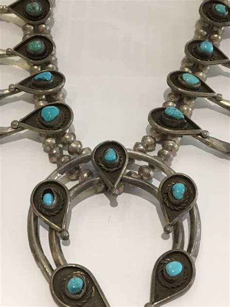 Antique Sterling Silver Turquoise Squash Blossom Necklace Tear Drop