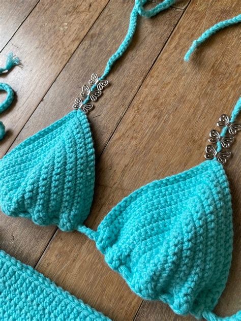 Turq Blue Beaded Butterfly Crochet Bikini Set Etsy