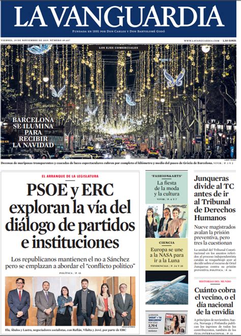Resultados de lotería nacional del sábado 23 de enero de 2021. Portada de La Vanguardia del viernes 29 de noviembre del 2019