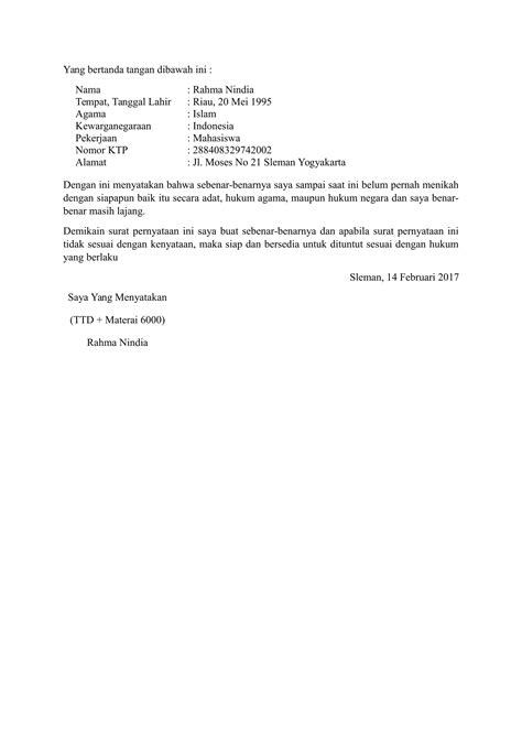 Surat pernyataan kesanggupan membayar hutang c. Download Contoh Surat Pernyataan Belum Menikah Terbaru