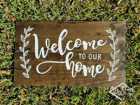 Hand Carved Welcome To Our Home Sign Farmhouse Wood Sign Rustic