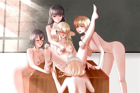 Artist Request Highres 5girls Barefoot Breast Grab Breasts