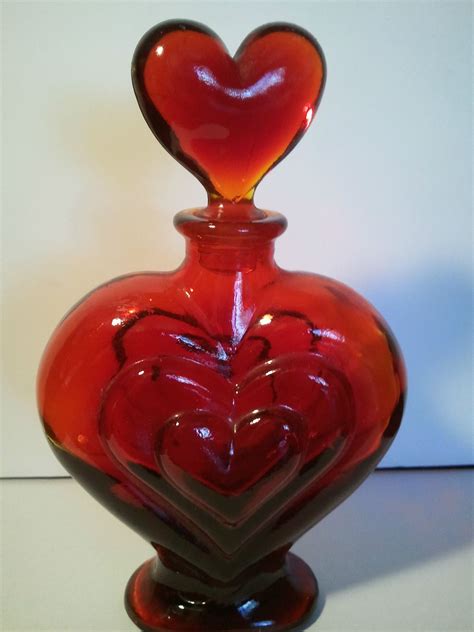 Triple Heart Shaped Ruby Red Glass Bottle With Heart Top~perfume Bottle