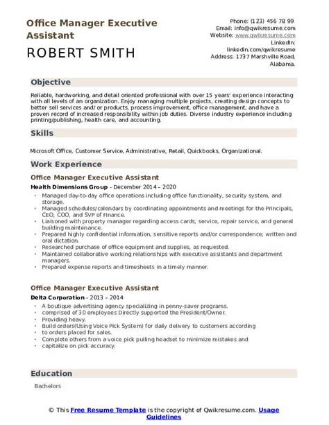 Includes salary, duties, skills, education and how to use the job description properly for your interview. Office Manager Executive Assistant Resume Samples | QwikResume