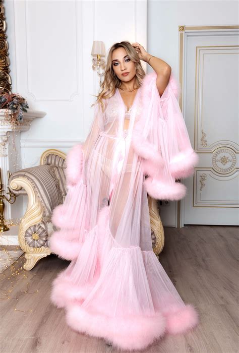 Rosa Feder Gewand Luxus Braut Lange Dressing Kleid Boudoir Etsy Pink