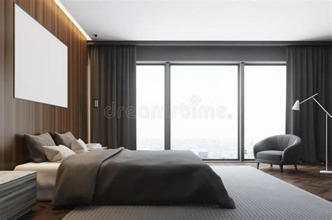 Wooden Bedroom Space With Black Walls Partitions Side View Stock