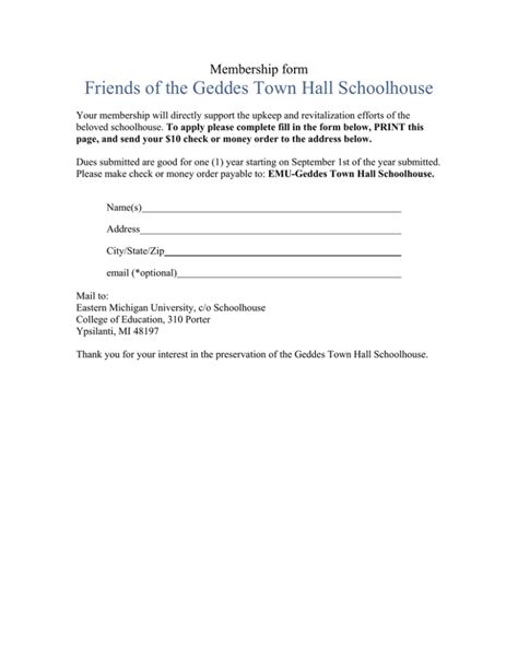 Friends Of The Geddes Town Hall Schoolhouse Membership Form