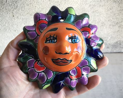 Small Sun Face Talavera Pottery Wall Hanging, Mexican Folk Art, Rustic