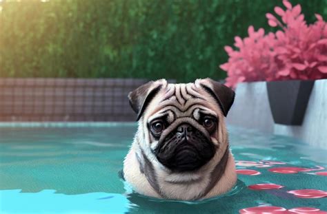 Premium Photo Happy Dog Pug In Pool Charming Pet Swimming In Swimming