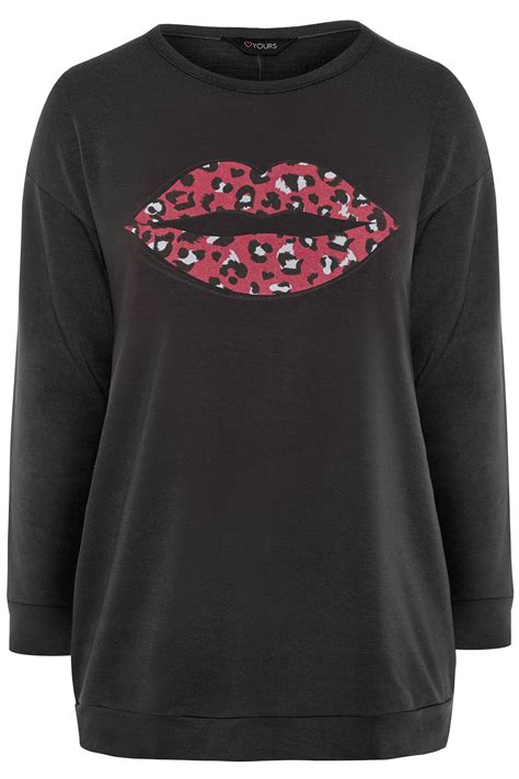 Autumn black animal print womens hoodie plus size. Black Leopard Lip Print Sweatshirt | Yours Clothing