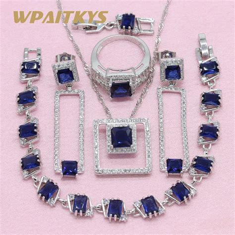 Exquisite Royal Blue Cubic Zirconia Silver Jewelry Sets For Women