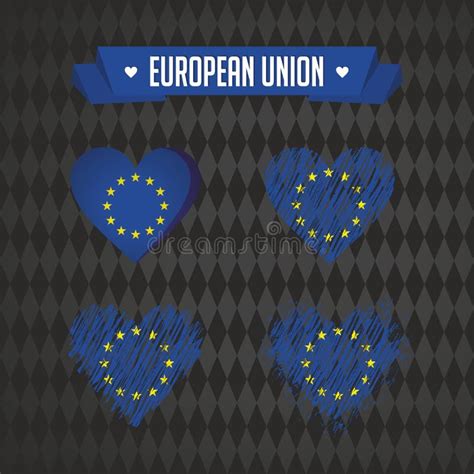 European Union Collection Of Four Vector Hearts With Flag Heart