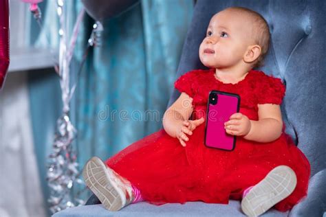 Cute Little Baby Girl Playing With Smartphone Stock Image Image Of