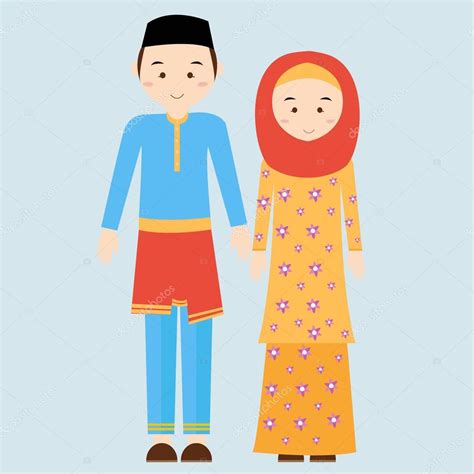 Couple Man Woman Wearing Brunei Islamic Traditional Costume Clothe