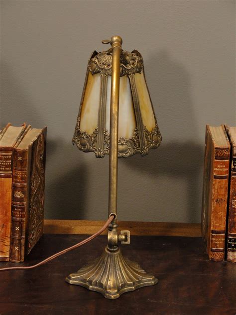Beautiful Cartouche Slag Glass Desk Or Piano Lamp From
