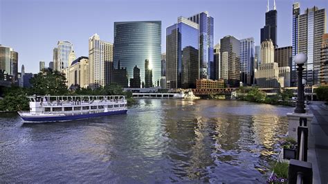 White And Blue Boat Cityscape City Building Chicago Hd Wallpaper