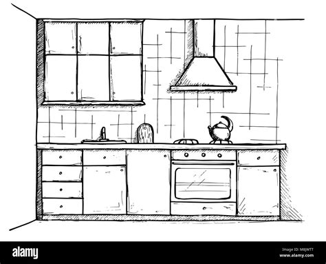 Sketch Cuisine Plan Kitchen In Line Style Vector Illustration Stock