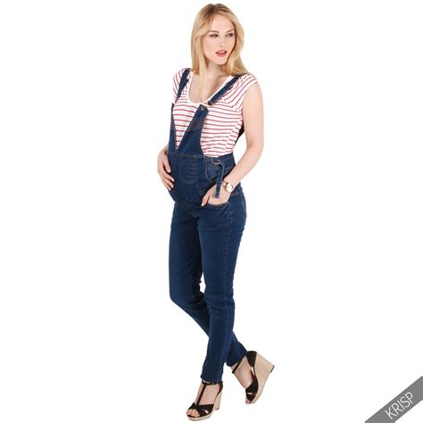 Womens Maternity Stretch Pregnancy Denim Dungarees Over Bump Vintage