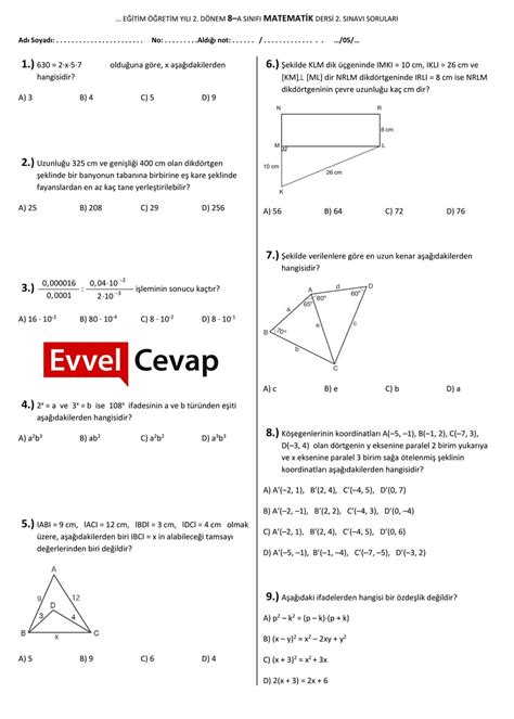 8. Sınıf Matematik 2. Dönem 2. Yazılı Soruları 2018-2019