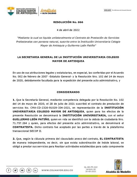 Terminación Unilateral De Contrato Colegio Mayor De Antioquia