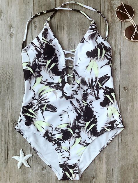 26 Off 2019 Printed Crisscross Plunge One Piece Swimsuit In White