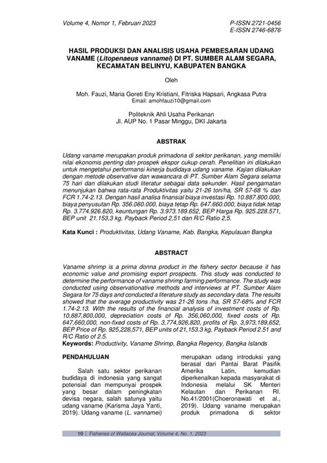 PDF Hasil Produksi Dan Analisis Usaha Pembesaran Udang Vaname