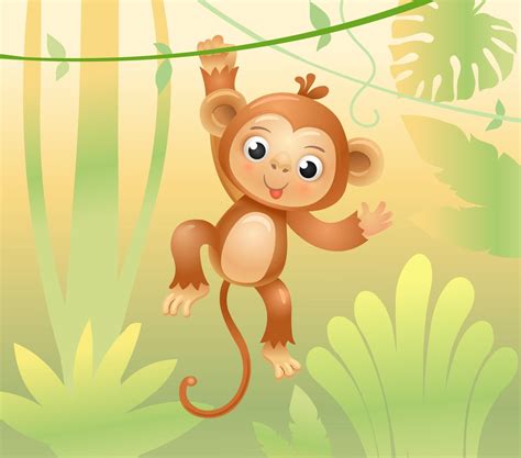 The Monkey Jumps On Branches And Vines Cheerful Monkey Animals In The