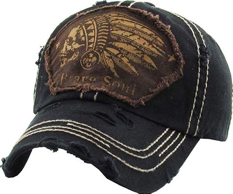 Kbvt 1058 Blk Indian Head Vintage Baseball Cap Distressed Dad Hat At
