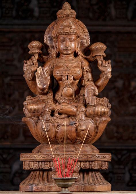 Neem Wood Hand Carved Abhaya Mudra Padmasana Seated Lakshmi Sculpture