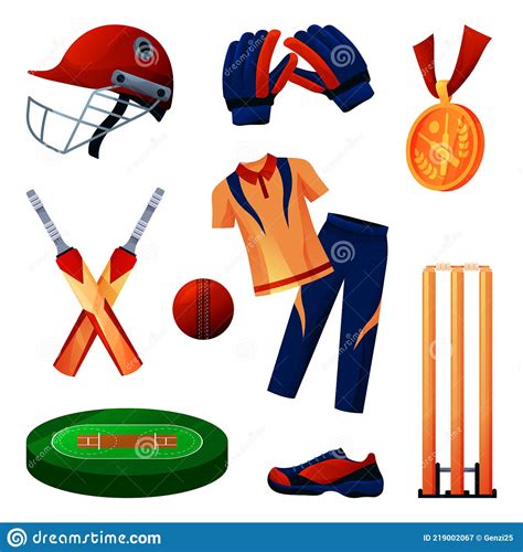 Cricket Equipment And Sportswear Set Players Tool Stock Vector