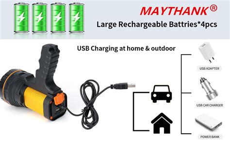 Maythank High Powered Led Torch Super Bright Rechargeable Flashlight Large 4 Batteries Big