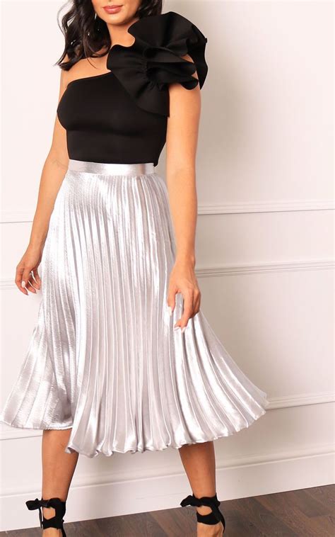 Pleated High Waisted Midi Skirt In Silver Metallic Satin One Nation
