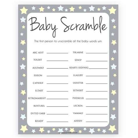 Baby word scramble featuring classic baby names. Baby Shower Word Scramble - Printable Baby Shower Games ...