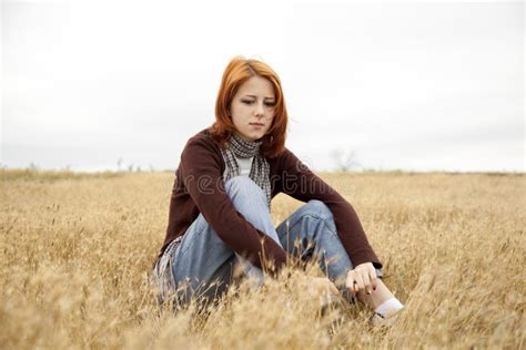 Lonely Sad Red Haired Girl At Field Stock Image Image Of Spikelet