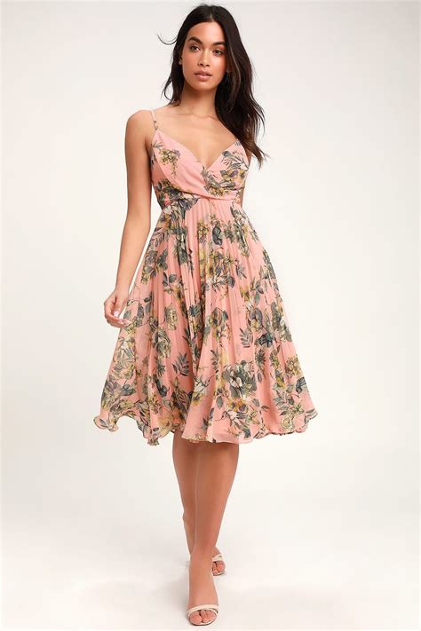 Loving Feelings Peach Floral Print Pleated Midi Dress Casual Dresses For Women Floral Dress