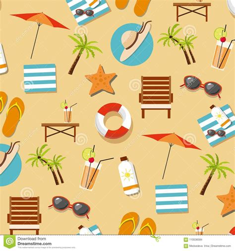 Summer Tropical Vacation Pattern With Sea Beach Elements Stock Vector
