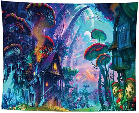 Psychedelic Mushroom Tapestry Forest Trippy Landscape Wall