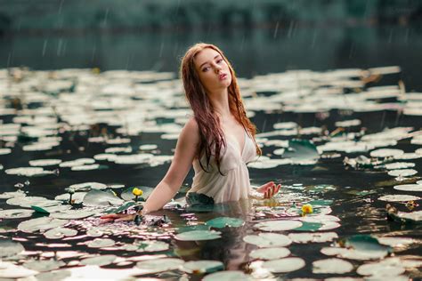 Wallpaper Brunette Women Outdoors Rain Dress Face Pond Wet Hair