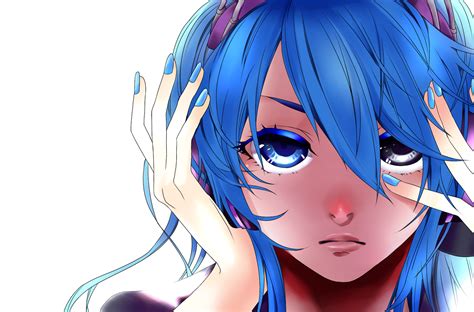 anime girl with blue hair and blue eyes with headphones