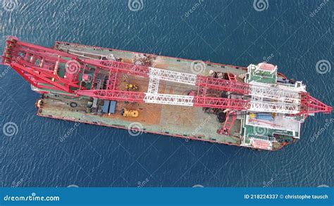 Top View Of A Massive Crane Barge Used For Heavy Lifts In Oil And Gas